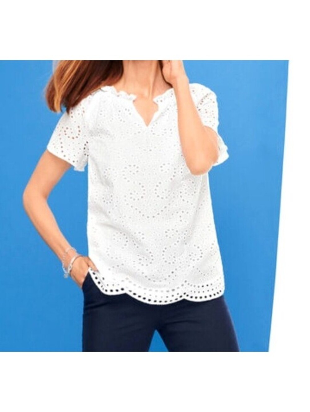 Talbots White Eyelet, Women's Top, Ruffle Split Neck, 100% Cotton, Lined, L, EUC